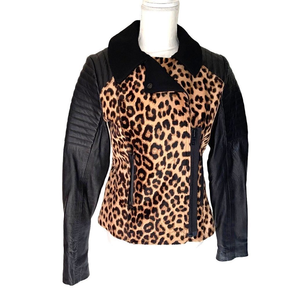 A.L.C. Womens Moto Jacket Black Brown Size 6 Leopard Calf Hair Leather Wool Snap